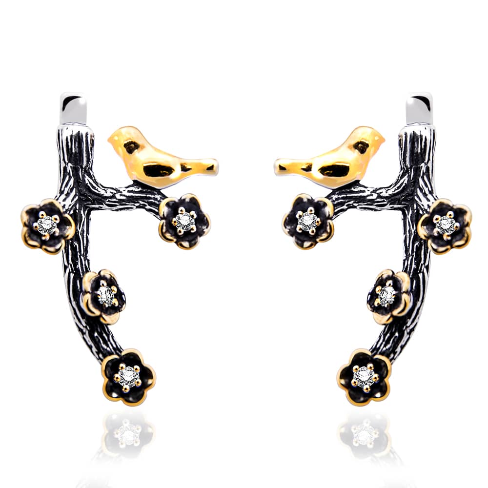 Срібні сережки Пташка на гілці з позолотою (4851) - 1