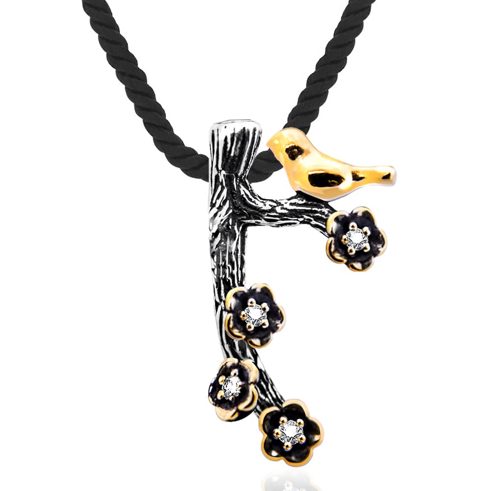 Срібний кулон Пташка на гілці з позолотою (7239) - 1