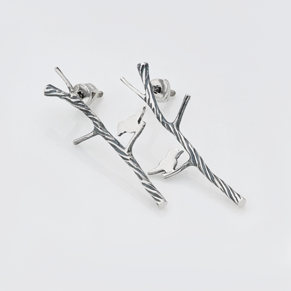 Срібні сережки-гвоздики Пташки на гілці (4767) - 1